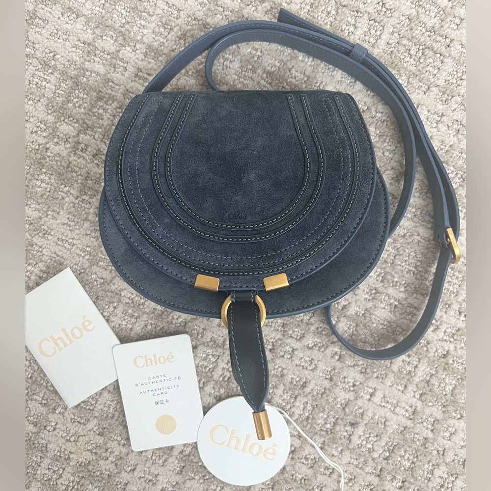 Chloe Marcie Small Saddle Bag Blue Suede